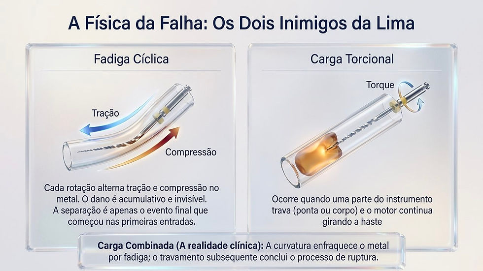 Infográfico sobre falha de lima: fadiga cíclica e carga torsional, com setas de tração/compressão e torque em fundo claro.