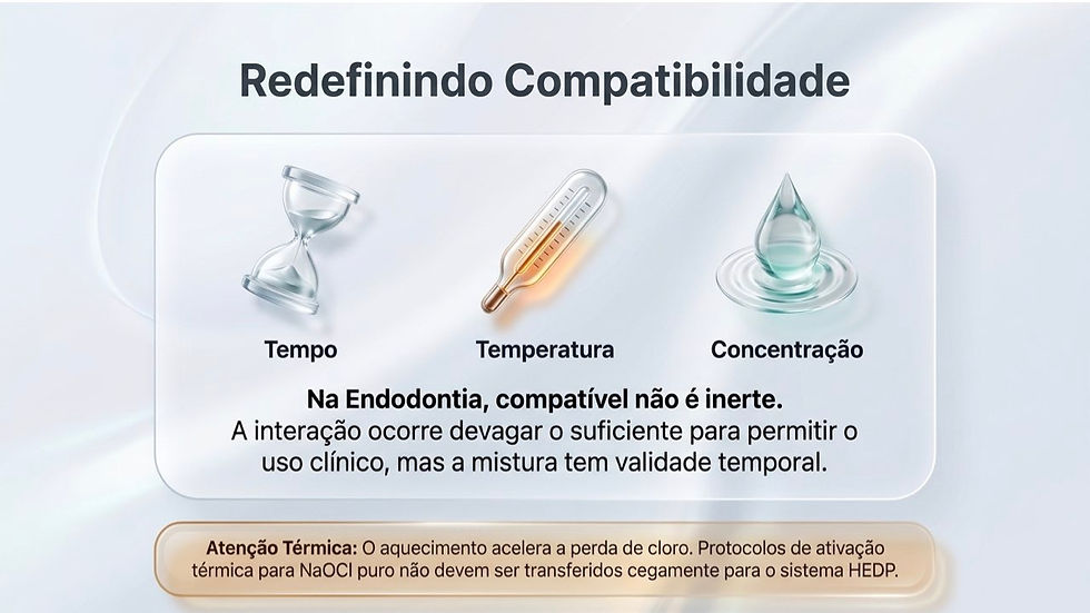 Infográfico com título Redefinindo Compatibilidade; ícones de ampulheta, termômetro e gota; texto sobre endodontia e atenção térmica.