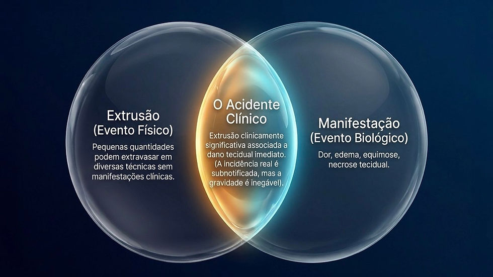 Diagrama de Venn com Extrusão, O Acidente Clínico e Manifestação, sobre fundo azul escuro.