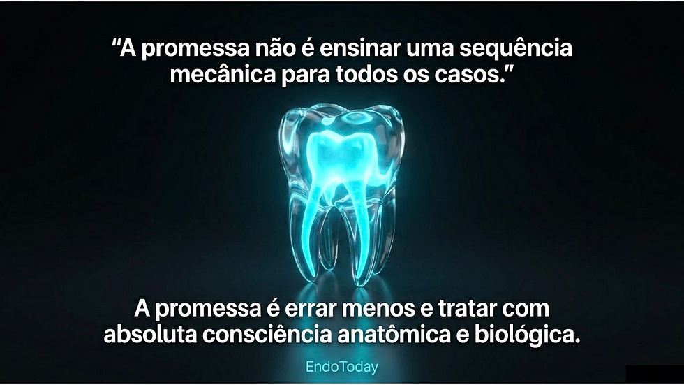 Dente 3D azul brilhante com frase sobre consciência anatômica e biológica, fundo preto e logo EndoToday.