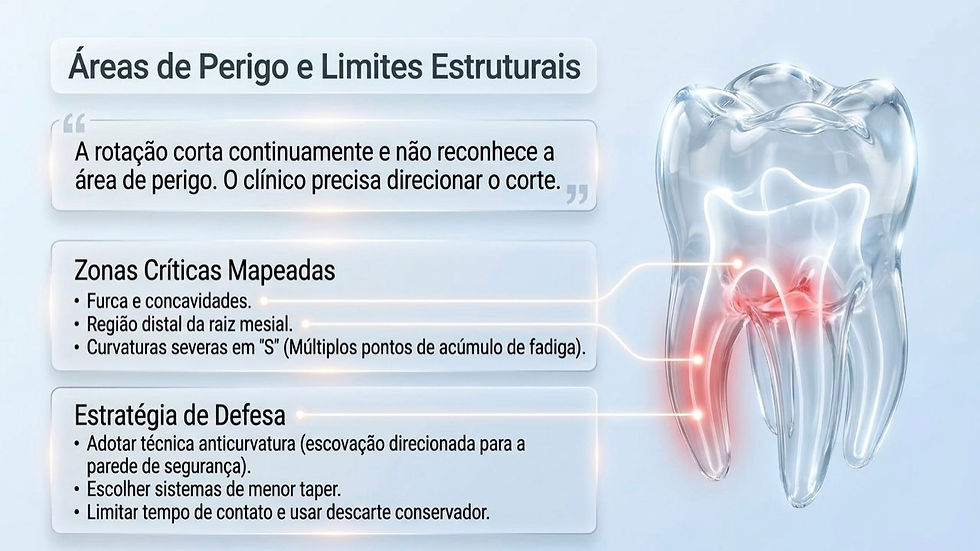Infográfico em azul sobre áreas de perigo e limites estruturais de um dente, com destaque em vermelho e textos explicativos.