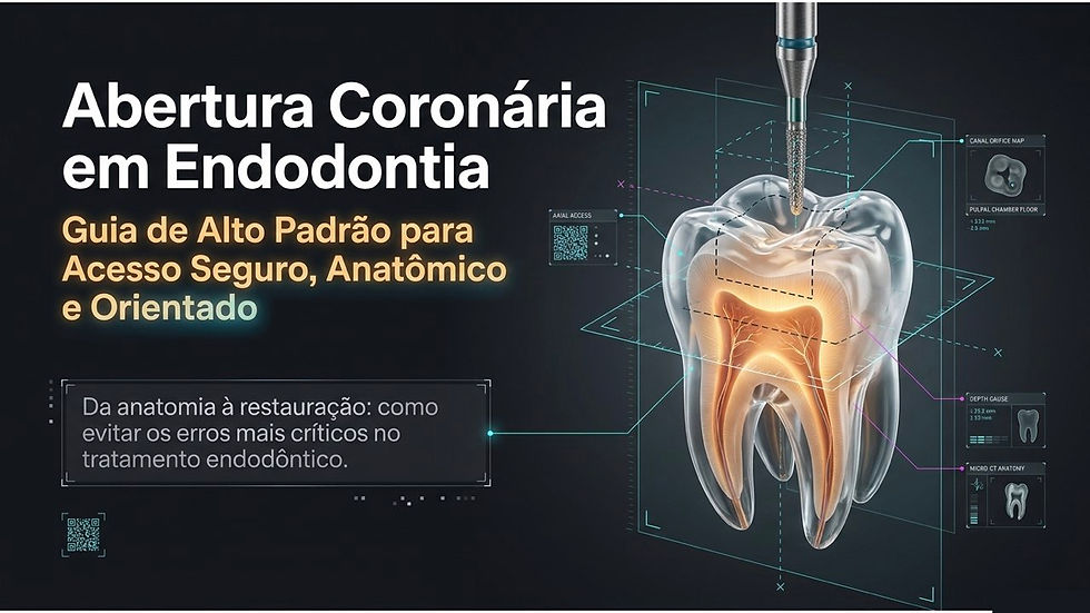 Slide escuro sobre abertura coronária em endodontia, com dente 3D cortado e broca; texto sobre guia de acesso seguro.