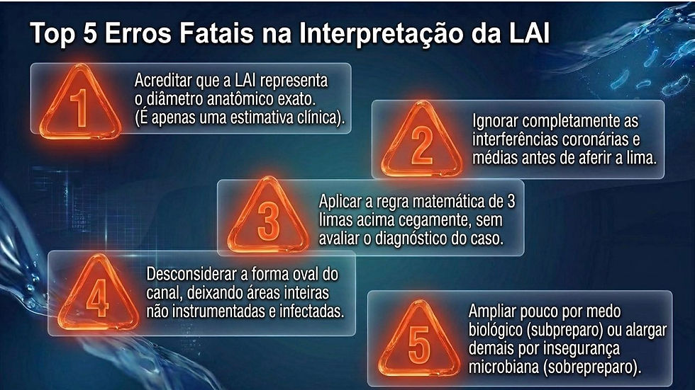 Infográfico azul com cinco alertas laranja: Top 5 Erros Fatais na Interpretação da LAI, com dicas clínicas numeradas.