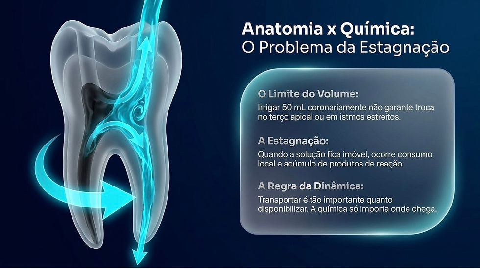 Ilustração de dente com fluxo azul e texto Anatomia x Química sobre estagnação, em fundo azul-escuro.