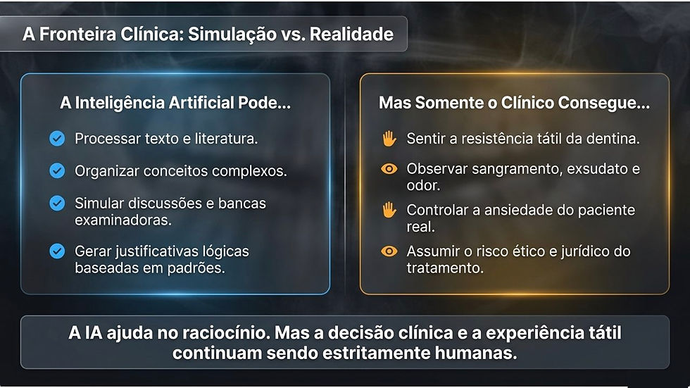Infográfico escuro compara IA e clínico: IA processa texto e simula discussões; clínico sente dentina e lida com paciente real.