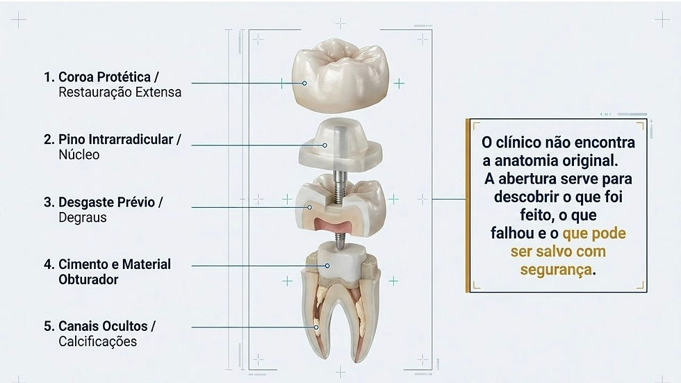 Infográfico odontológico com dente em corte explodido e legendas sobre coroa protética, pino intrarradicular e canais ocultos.