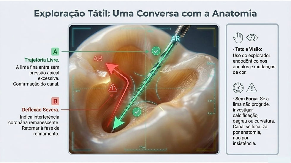 Infográfico odontológico com canal de dente ampliado, setas verde e vermelha, ícones e texto sobre tato, visão e força.