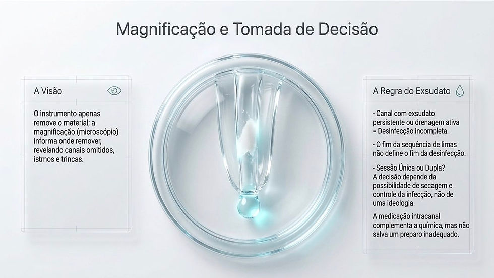 Infográfico branco com título Magnificação e Tomada de Decisão, placa de Petri ao centro e textos sobre visão e exsudato.