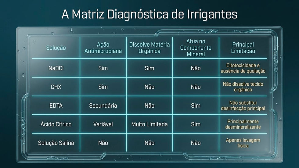 Tabela azul “A Matriz Diagnóstica de Irrigantes” comparando NaOCl, CHX, EDTA, ácido cítrico e solução salina.