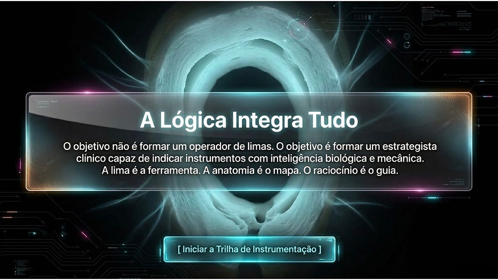 Tela futurista com anel azul e texto A Lógica Integra Tudo; botão Iniciar a Trilha de Instrumentação em fundo escuro.