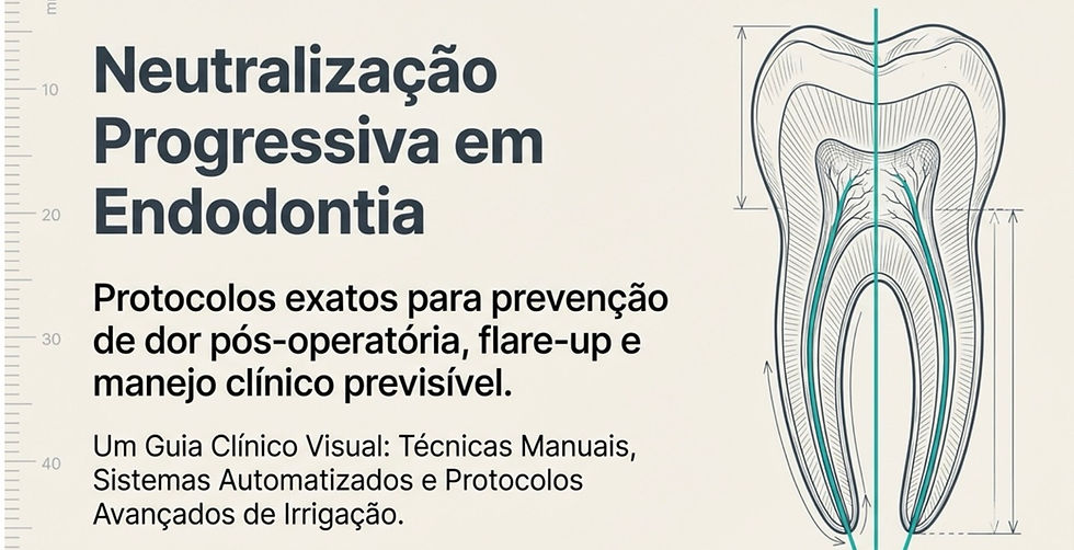 Texto sobre endodontia, com título "Neutralização Progressiva em Endodontia". Inclui ilustração técnica de um dente e medidas em fundo claro.