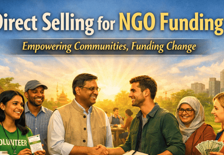 Direct Selling for NGO Funding banner over diverse people shaking hands at sunset; tagline: Empowering Communities, Funding Change