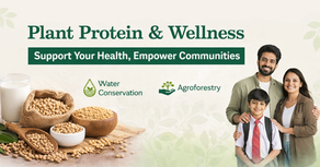 Plant Protein & Wellness poster with soybeans, Water Conservation and Agroforestry icons, smiling family, and health slogan.
