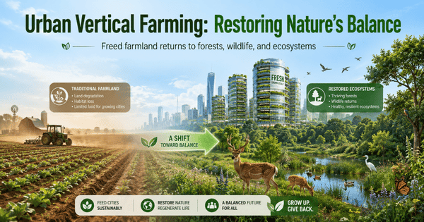 Infographic shows dusty farm shifting to lush green city towers with deer, birds, and pond; headline: Urban Vertical Farming.