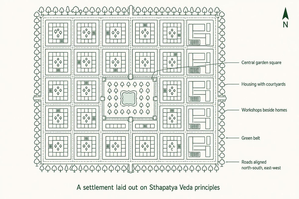 Diagram of a planned settlement with central garden square, courtyards, workshops, green belt, and north-south roads.