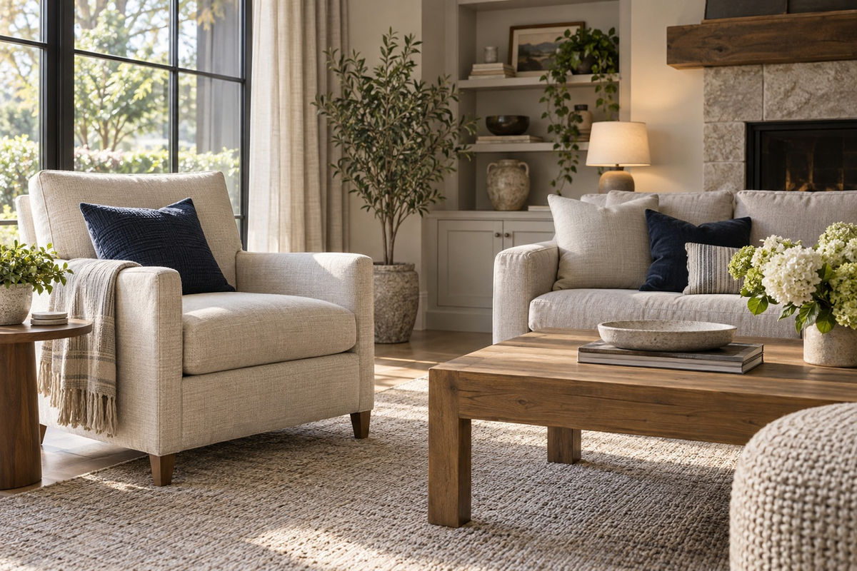 Upholstered armchair and sofa in a bright room