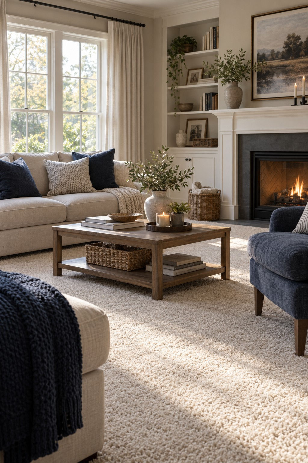 Bright living room with clean, light-colored carpet