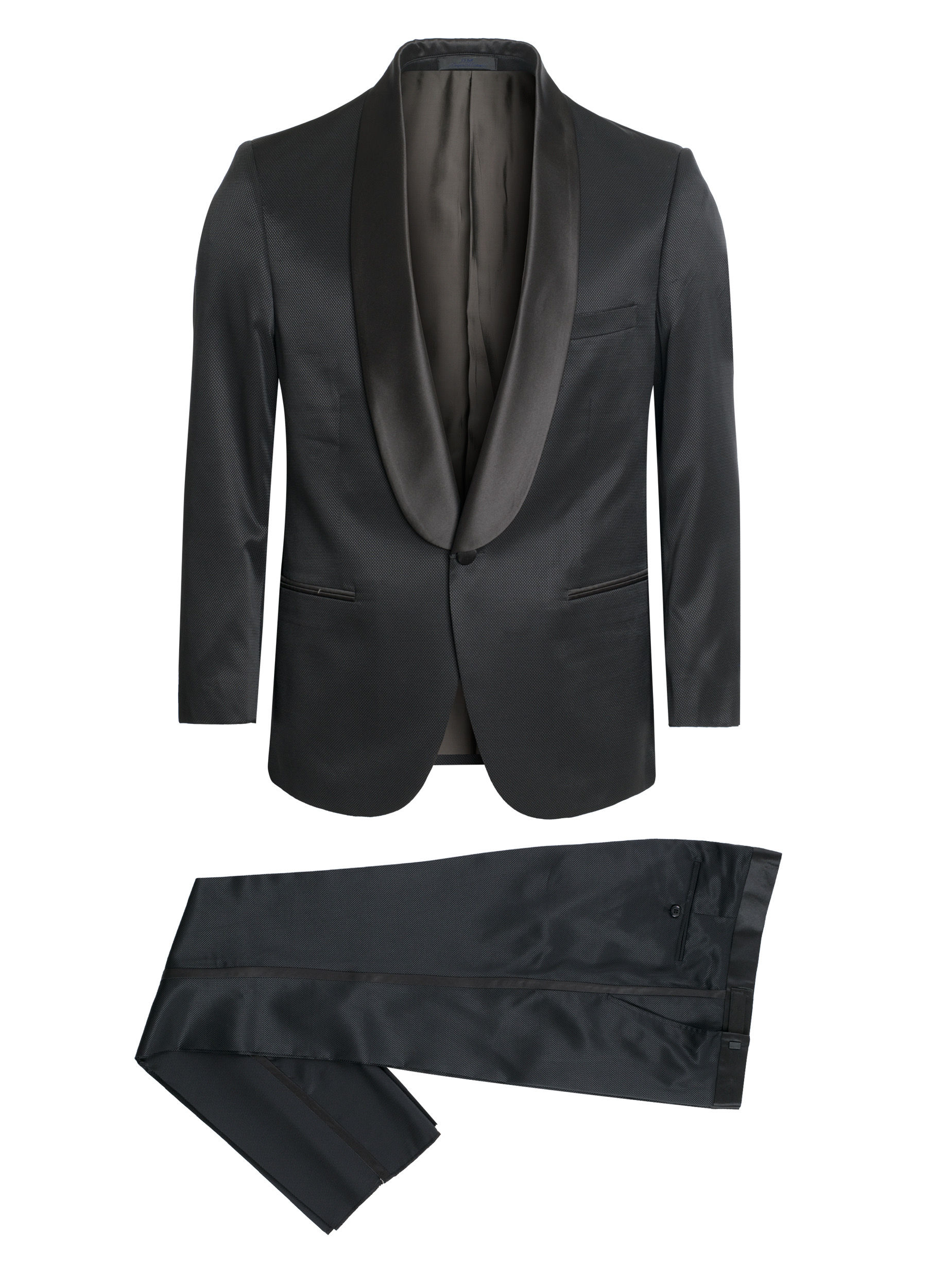 Slim-fit Black micro-dots/ Black Satin Shawl Lapel Tuxedo Suit