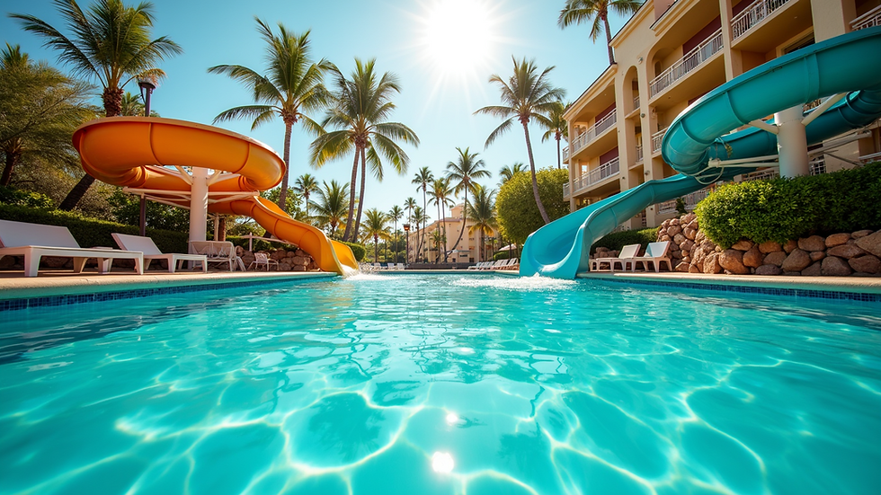 Eye-level view of a family-friendly resort pool with water slides