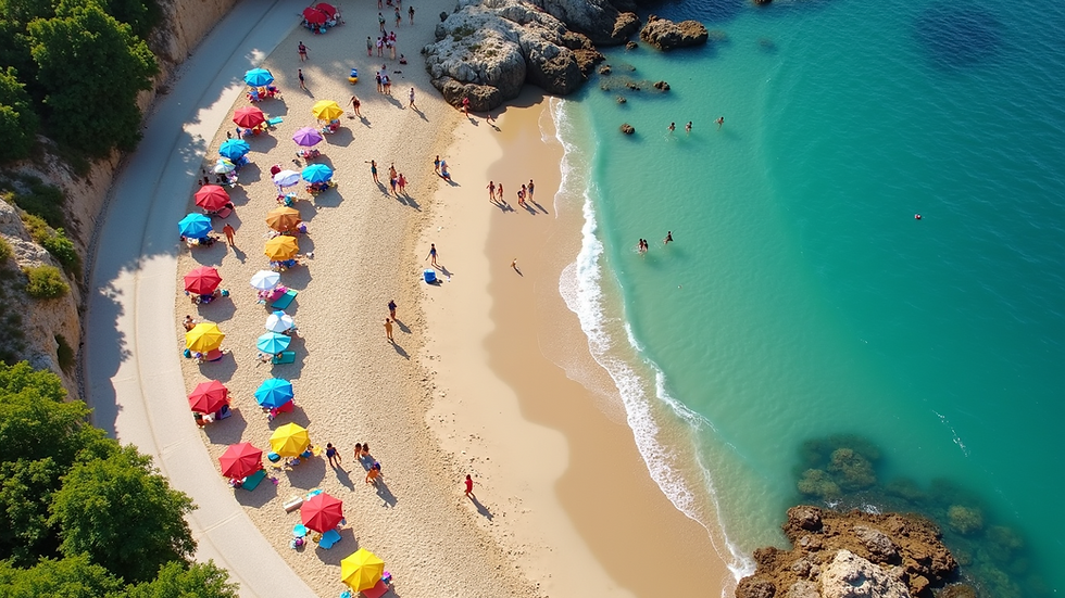 High angle view of a sandy beach with colorful umbrellas and families playing