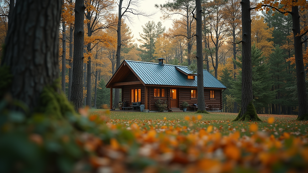 Eye-level view of a cozy family cabin surrounded by trees