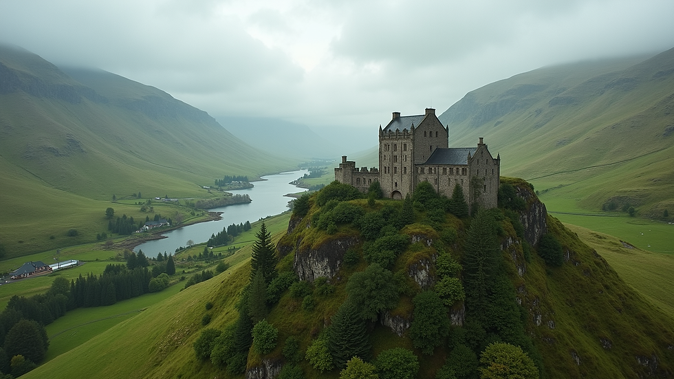 High angle view of a medieval castle perched on a hill surrounded by green Scottish Highlands