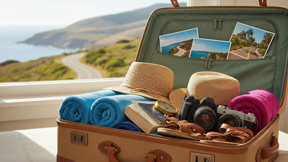 Close-up view of a packed family suitcase with travel essentials