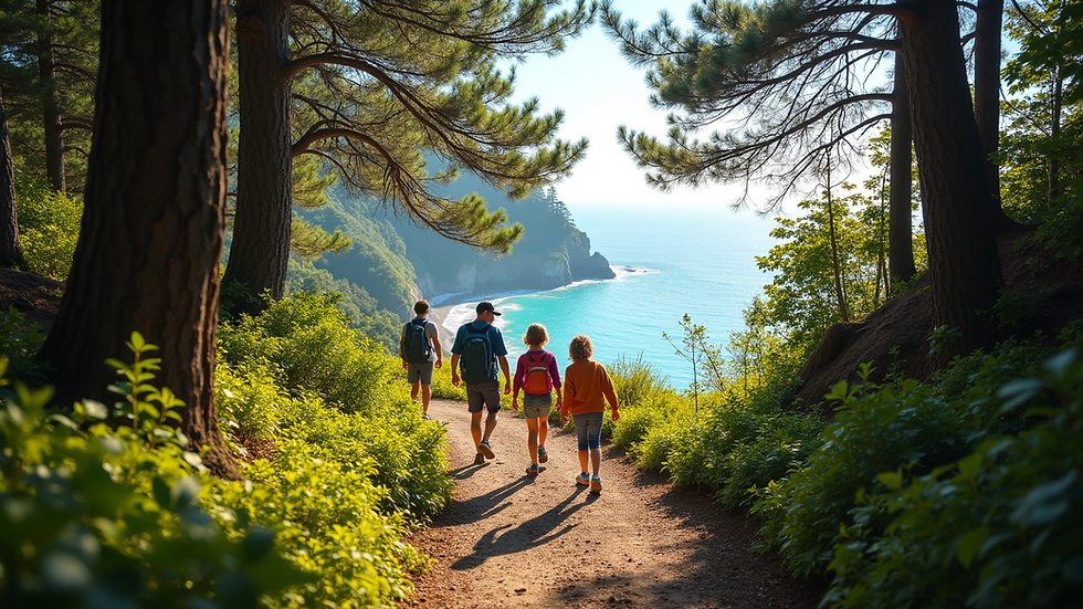 Eye-level view of a family hiking on a forest trail