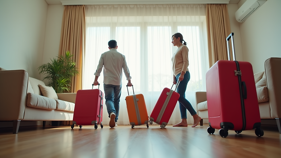 Eye-level view of a family packing colorful suitcases in a bright living room