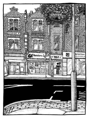 Croydon High Street Black and white line ink illustration