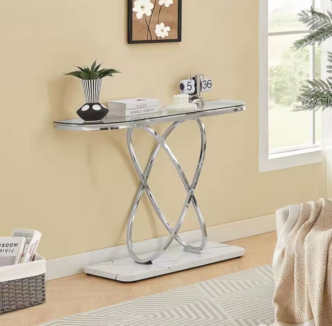 Tempered glass top console table with oval frame and marble color base.