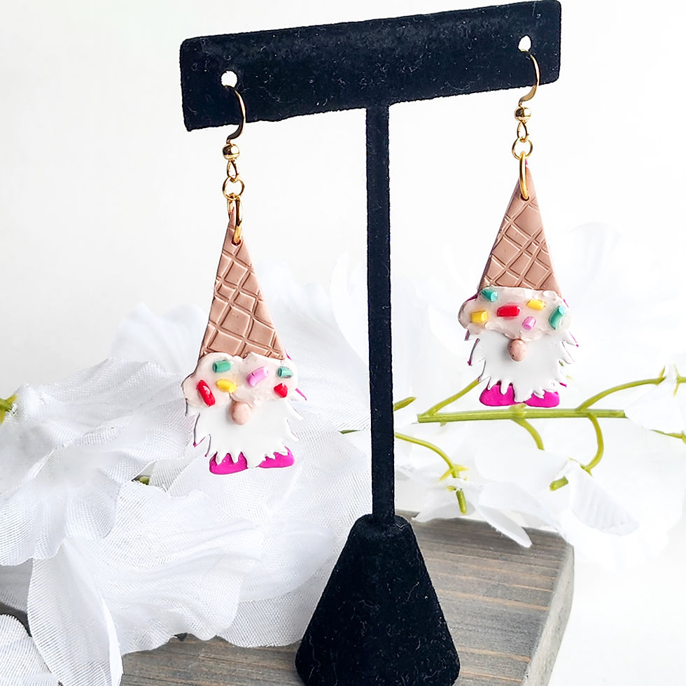 Thumbnail: Ice Cream Cone Gnome dangle earrings by Lex & Li Designs