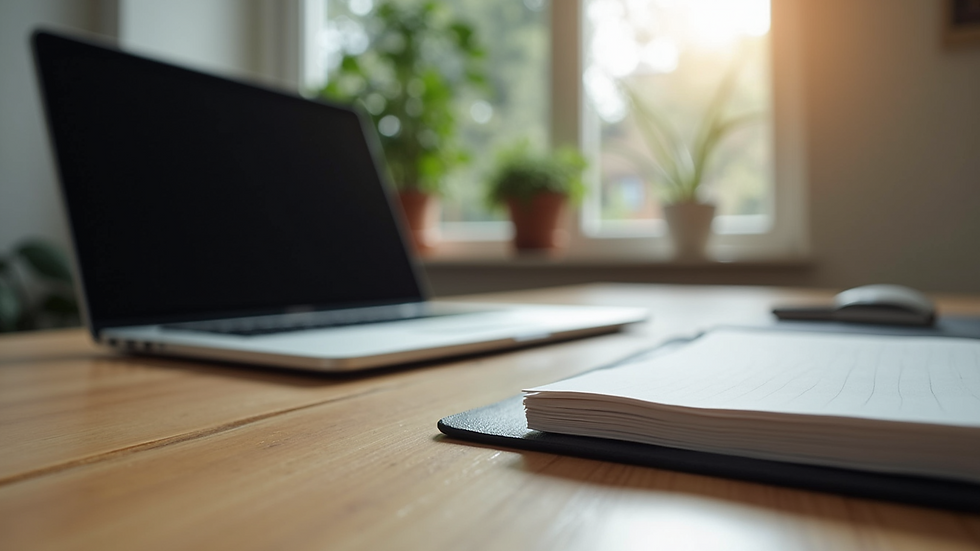 Eye-level view of a modern workspace with a laptop and notebook on a wooden desk