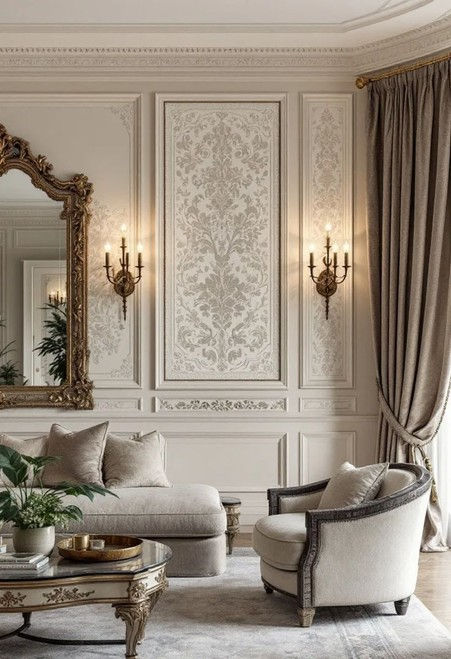 Wainscoted walls with floral wallpaper and framed mirrors in a neo-classical bedroom.