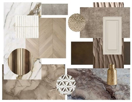 Rich natural materials including marble flooring, teak wood furniture, and gold-accented decor in a neo-classical interior.