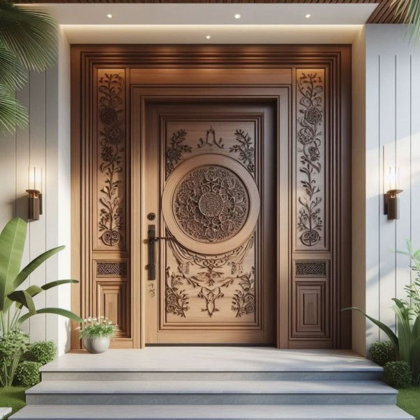 Ornate archways and carved wooden door frames in a heritage-style Indian home
