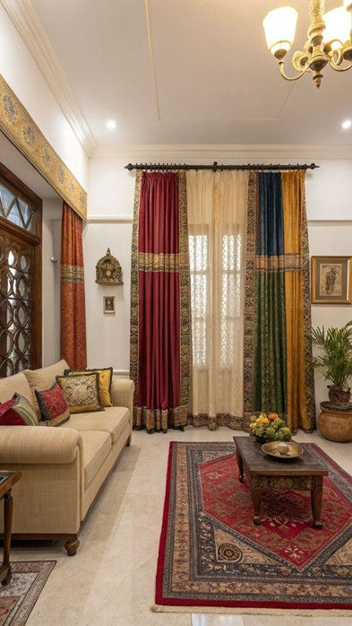 Layered handloom cushions and woven rugs adding rich texture to a traditional room