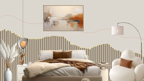 Modern earthy bedroom interior design with neutral walls, warm-toned bedding, abstract wall art, curved accent chair, and unique wavy striped wall decor.