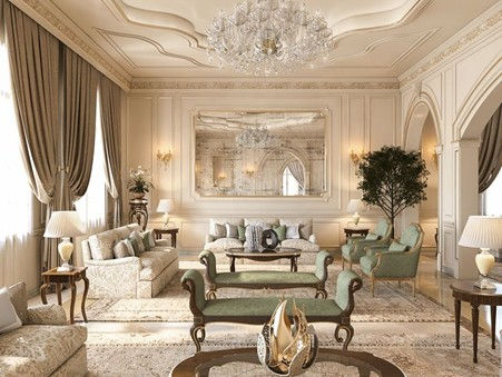 Roman bust, vintage clock, and classical painting arranged with symmetry in a sophisticated interior.