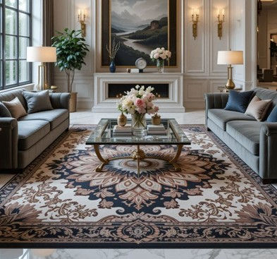 Persian rug, silk curtains, and embroidered cushions creating a cozy and luxurious sitting area.