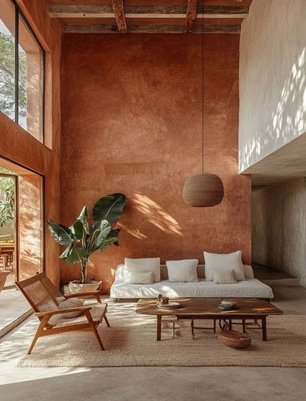 Lime-washed walls with earthy tones and a soft natural sheen in a traditional interior
