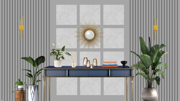 Elegant neutral-toned living area interior design with a navy blue console table, gold sunburst mirror, indoor plants, and vertical striped wall panels – a perfect blend of modern and earthy interior styling.