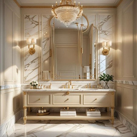 Crystal chandelier and antique brass wall sconces illuminating a luxurious neo-classical room.