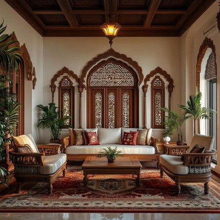 Ornate archways and carved wooden door frames in a heritage-style Indian home
