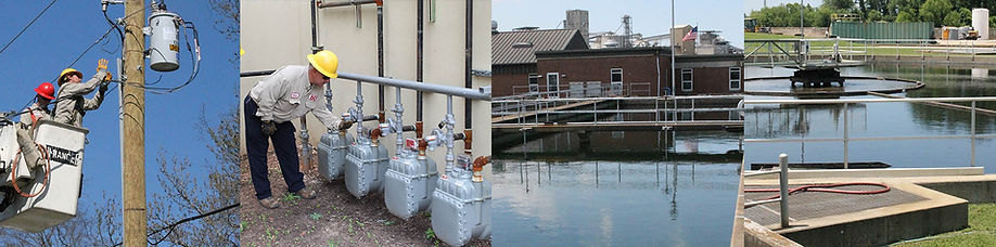 Header image of linemen working, gas technician checking meter, water treatment plant basin and wastewater treatment plant clarifier basin