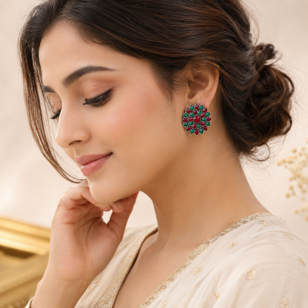 Thumbnail: Mademylook Traditional Earrings for Women – Ruby Green Stone Floral Stud Earring