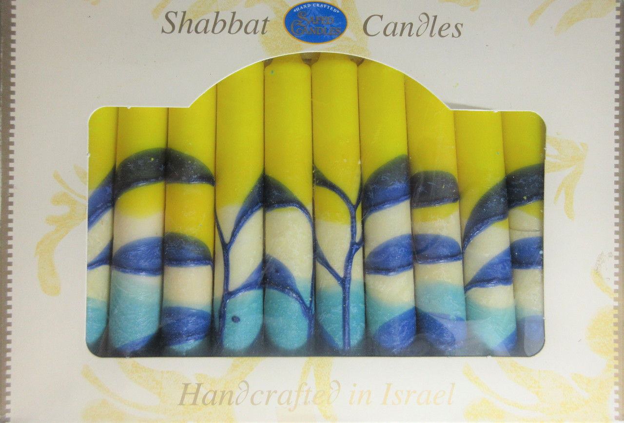 YELLOW AND BLUE SHABBAT CANDLES MADE IN ISRAEL