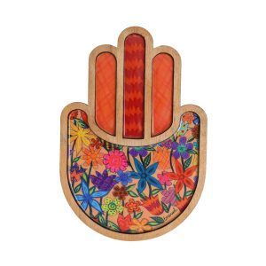 YAIR EMANUEL TWO-LAYER WOODEN HAMSA - FLORAL ORANGE