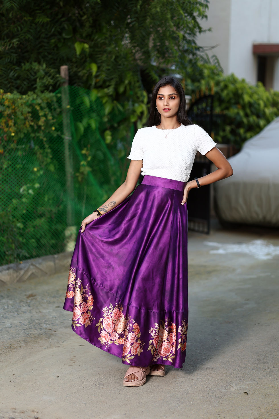 Thumbnail: Floral Print Wine Purple Satin Skirt