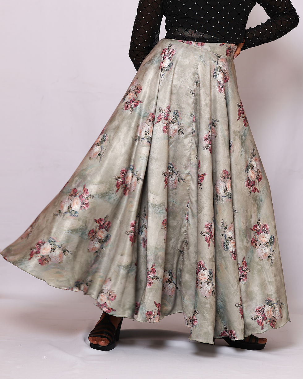 Thumbnail: Floral Print Sage Green Satin Skirt